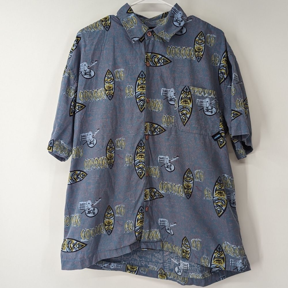 Kavu Men's Blue Tiki Survivor Short Sleeve Button Down Cotton Shirt Large